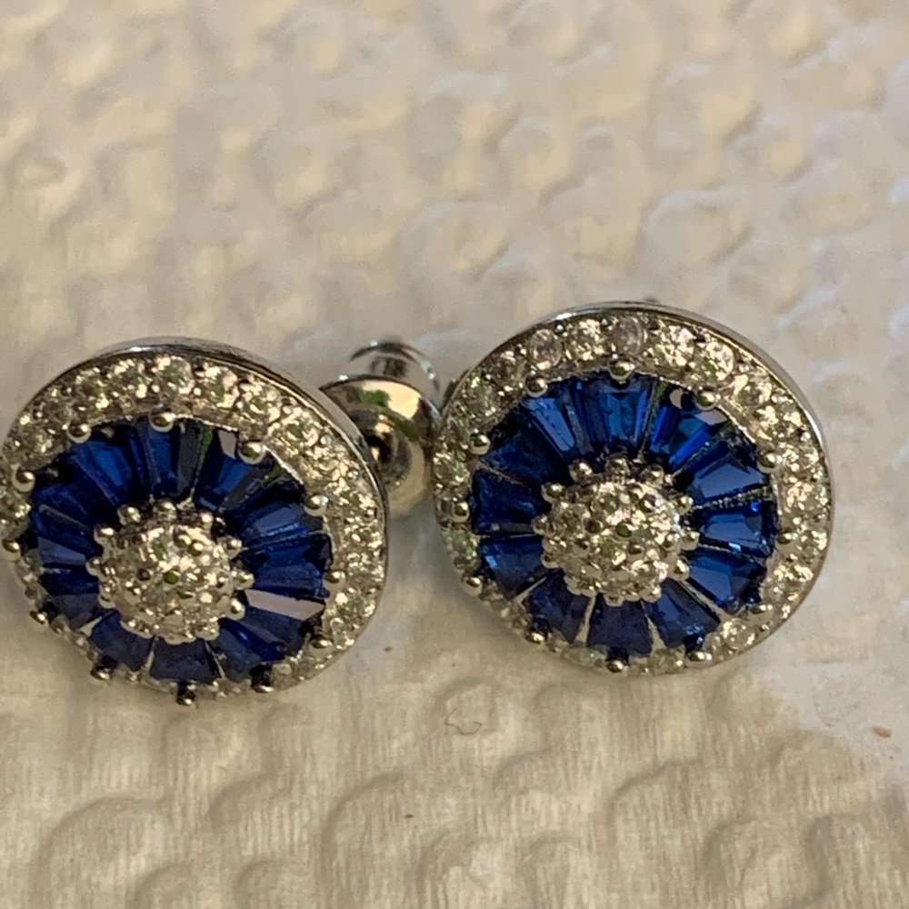 Earrings Sterling Silver 926 with blue Zirconia Cz Stones stud New Jewelry